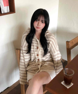Fluffy Striped Hooded Oversized Button Knit Cardigan