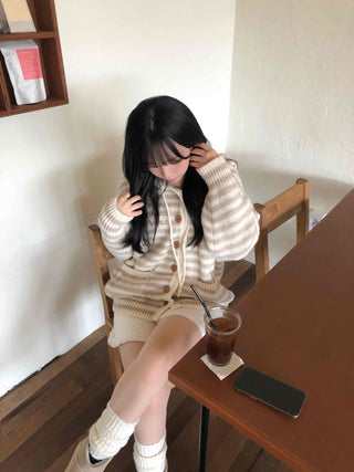 Fluffy Striped Hooded Oversized Button Knit Cardigan