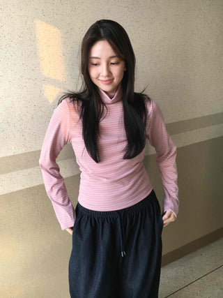 Soft Cotton Turtleneck Slim Fit Striped Long Sleeve T-shirt