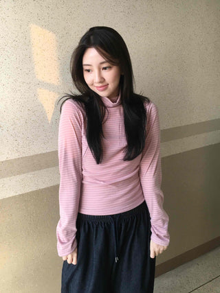 Soft Cotton Turtleneck Slim Fit Striped Long Sleeve T-shirt