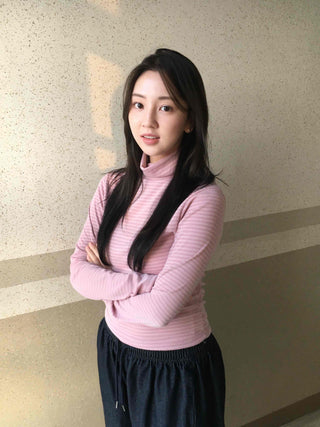 Soft Cotton Turtleneck Slim Fit Striped Long Sleeve T-shirt