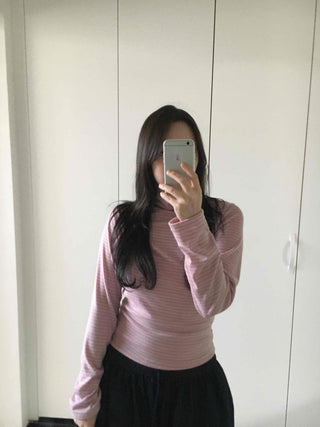 Soft Cotton Turtleneck Slim Fit Striped Long Sleeve T-shirt