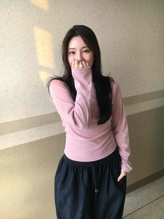 Soft Cotton Turtleneck Slim Fit Striped Long Sleeve T-shirt