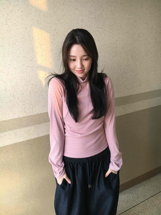 Soft Cotton Turtleneck Slim Fit Striped Long Sleeve T-shirt