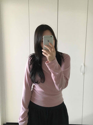 Soft Cotton Turtleneck Slim Fit Striped Long Sleeve T-shirt