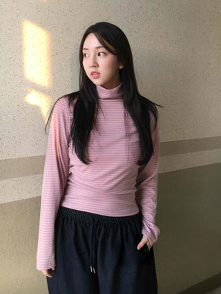 Soft Cotton Turtleneck Slim Fit Striped Long Sleeve T-shirt