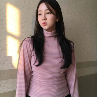 Soft Cotton Turtleneck Slim Fit Striped Long Sleeve T-shirt