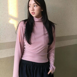 Soft Cotton Turtleneck Slim Fit Striped Long Sleeve T-shirt