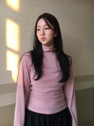 Soft Cotton Turtleneck Slim Fit Striped Long Sleeve T-shirt