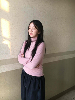 Soft Cotton Turtleneck Slim Fit Striped Long Sleeve T-shirt