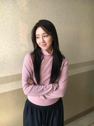 Soft Cotton Turtleneck Slim Fit Striped Long Sleeve T-shirt