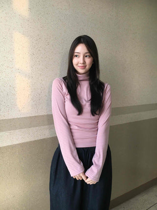 Soft Cotton Turtleneck Slim Fit Striped Long Sleeve T-shirt