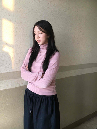 Soft Cotton Turtleneck Slim Fit Striped Long Sleeve T-shirt