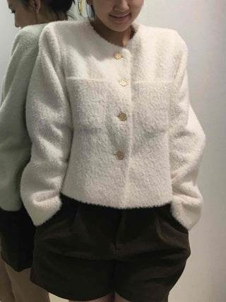 Tweed Gold Button Collarless Crop Jacket