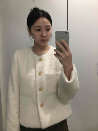 Tweed Gold Button Collarless Crop Jacket