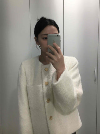 Tweed Gold Button Collarless Crop Jacket