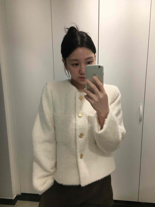 Tweed Gold Button Collarless Crop Jacket