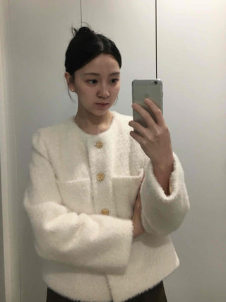 Tweed Gold Button Collarless Crop Jacket