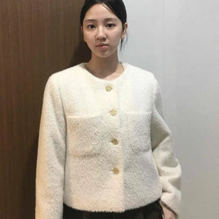 Tweed Gold Button Collarless Crop Jacket