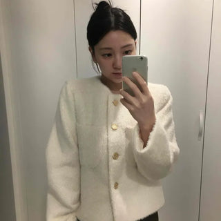 Tweed Gold Button Collarless Crop Jacket