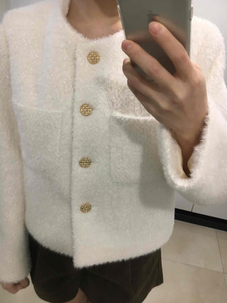 Tweed Gold Button Collarless Crop Jacket