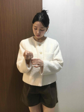 Tweed Gold Button Collarless Crop Jacket