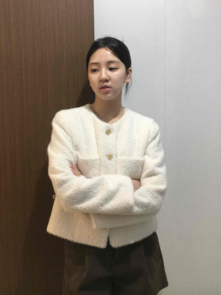 Tweed Gold Button Collarless Crop Jacket