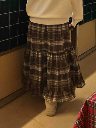 Shirred Frill Tiered Check Flare Long Skirt