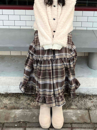 Shirred Frill Tiered Check Flare Long Skirt
