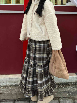 Shirred Frill Tiered Check Flare Long Skirt
