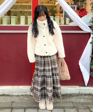 Shirred Frill Tiered Check Flare Long Skirt