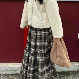 Shirred Frill Tiered Check Flare Long Skirt