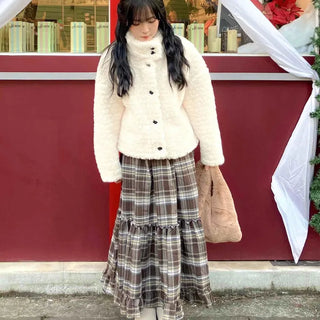 Shirred Frill Tiered Check Flare Long Skirt