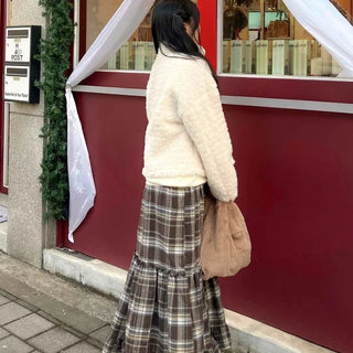Shirred Frill Tiered Check Flare Long Skirt