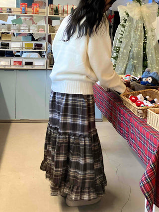 Shirred Frill Tiered Check Flare Long Skirt