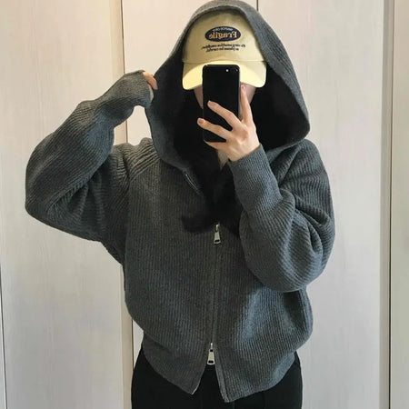 Oversized Ribbed Hooded Zip-Up Cardigan