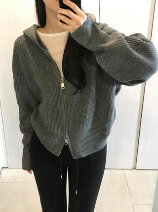 Oversized Ribbed Hooded Zip-Up Cardigan