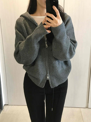 Oversized Ribbed Hooded Zip-Up Cardigan