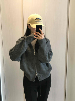 Oversized Ribbed Hooded Zip-Up Cardigan