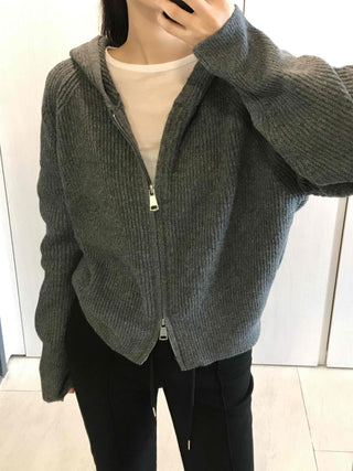 Oversized Ribbed Hooded Zip-Up Cardigan