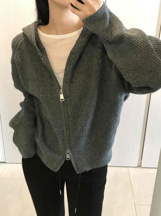 Oversized Ribbed Hooded Zip-Up Cardigan