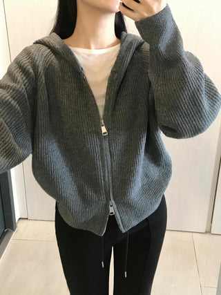 Oversized Ribbed Hooded Zip-Up Cardigan