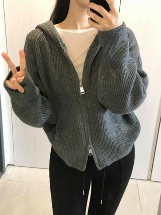 Oversized Ribbed Hooded Zip-Up Cardigan