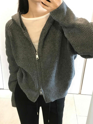Oversized Ribbed Hooded Zip-Up Cardigan