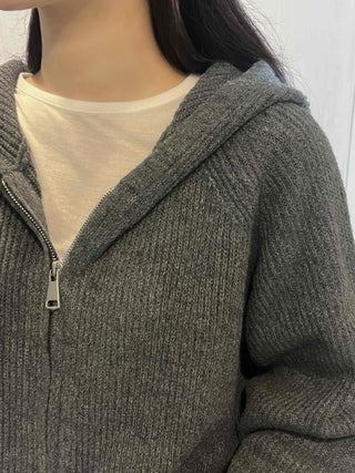 Oversized Ribbed Hooded Zip-Up Cardigan