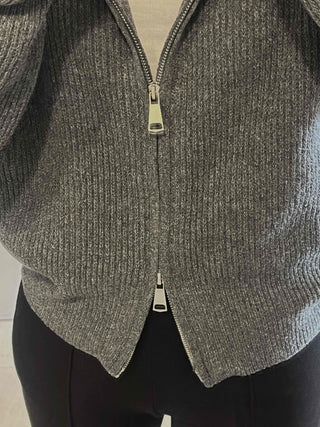Oversized Ribbed Hooded Zip-Up Cardigan
