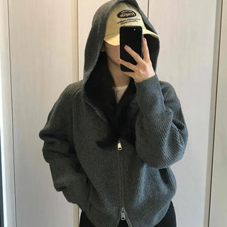 Oversized Ribbed Hooded Zip-Up Cardigan