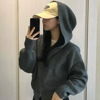 Oversized Ribbed Hooded Zip-Up Cardigan