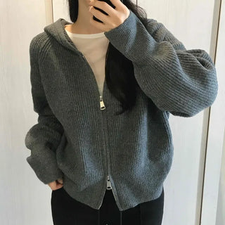 Oversized Ribbed Hooded Zip-Up Cardigan