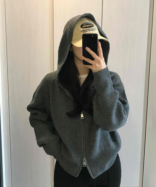 Oversized Ribbed Hooded Zip-Up Cardigan